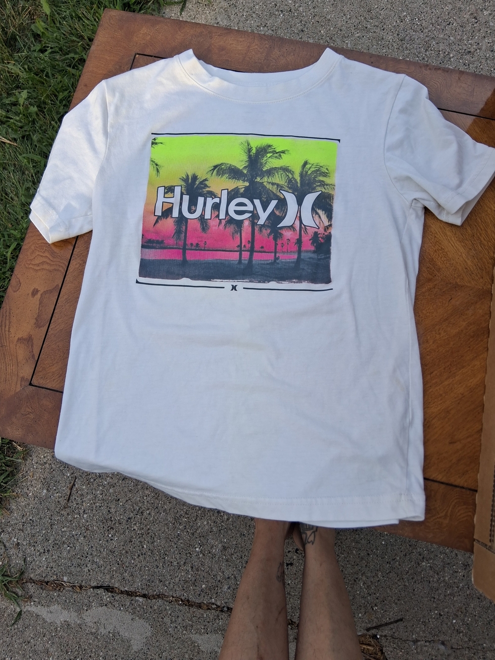 Hurley White Tee with Neon Yellow-Green to Pink Palm Graphic